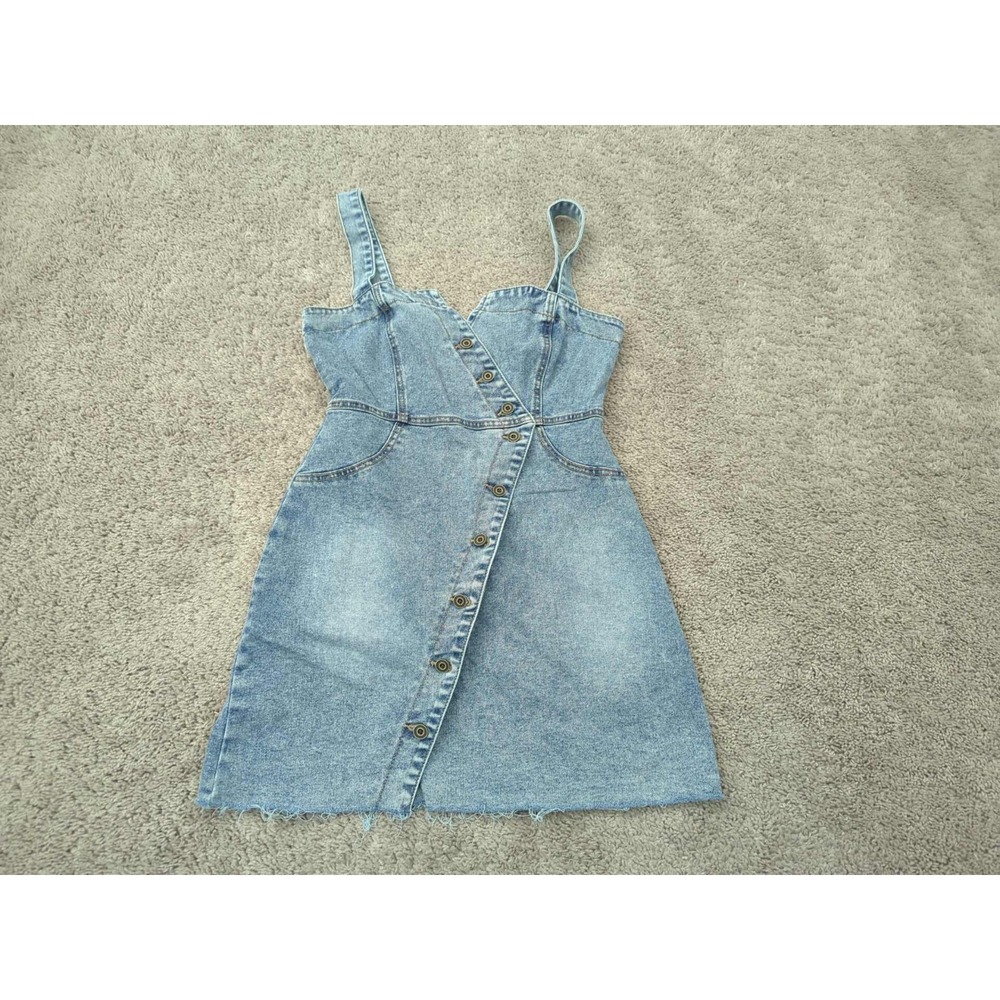Forever 21 Denim Dress Womens M Blue Asymmetrical Button Front‎ Cutoff Mini